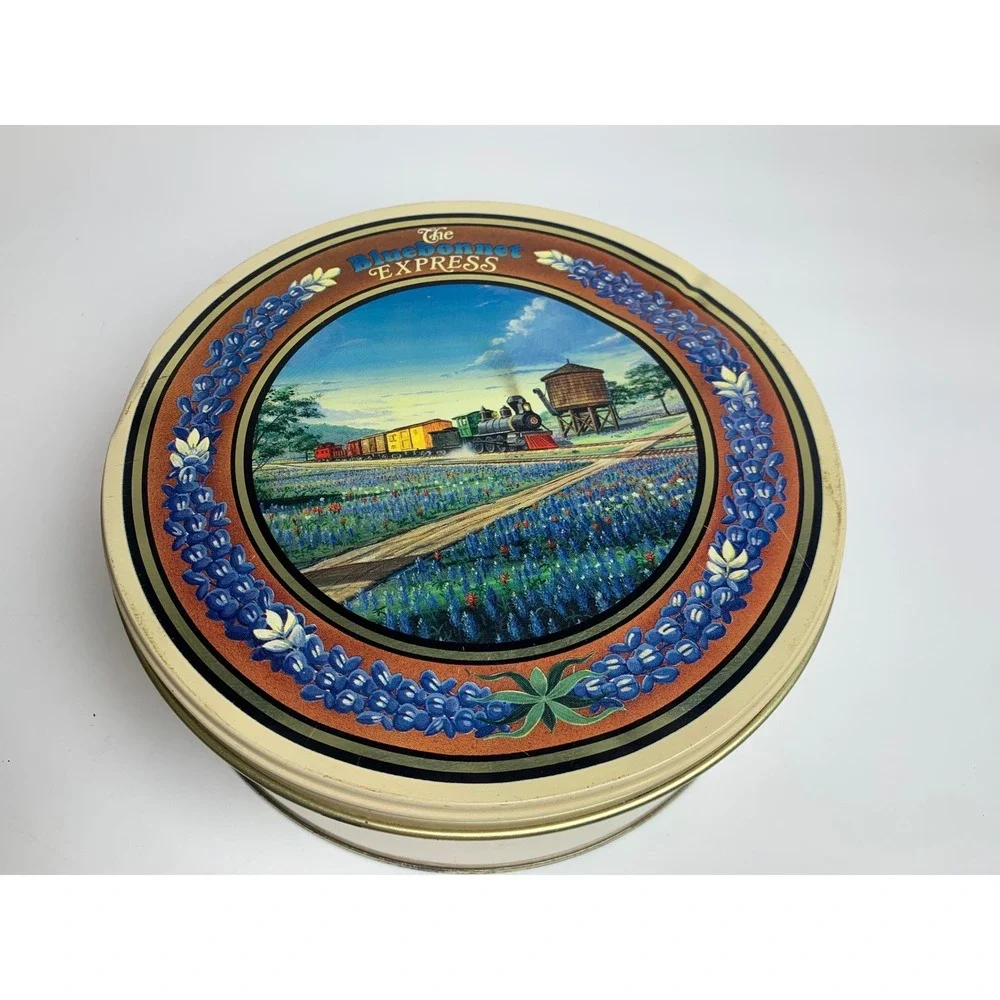 Vintage The Bluebonnet Express Train Metal Tin Round Storage‎ Container 8 Inch